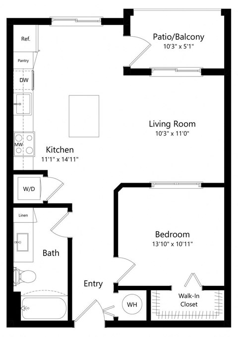 Floor plan for 1 bed, 1 bath, 665 sqft